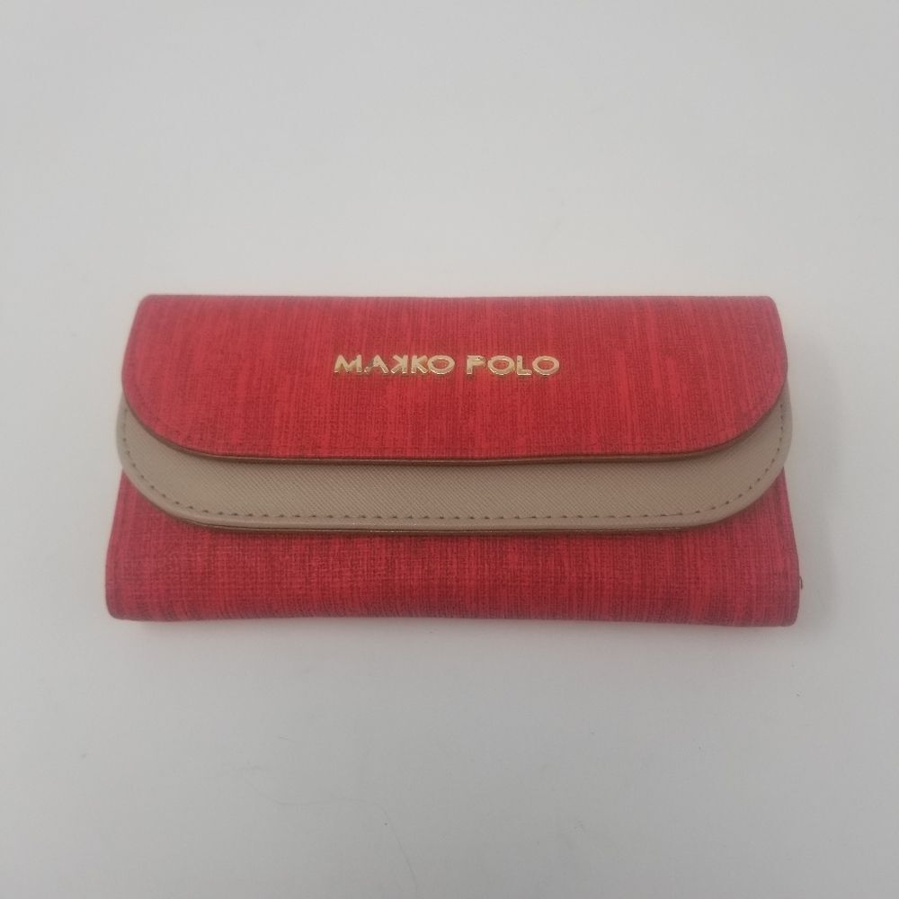 Makko Polo Red Tan Trifold Accordian Double Snap Gold Logo Women's Wallet